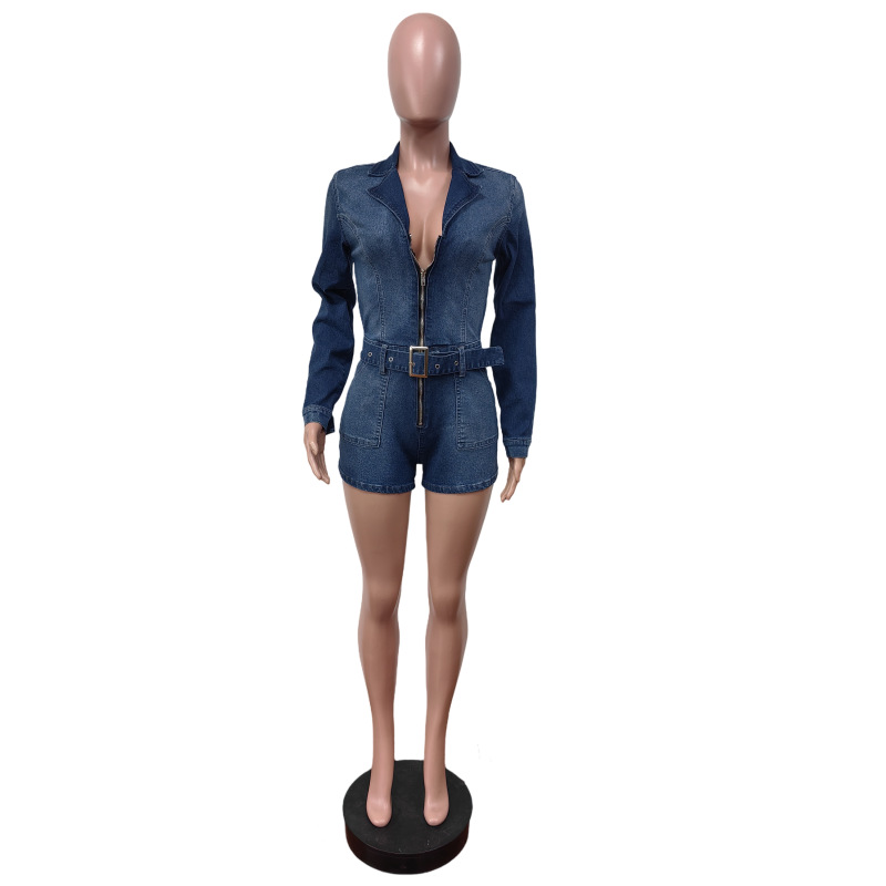 Women Zipper Solid Patchwork Stetchy Denim Lace Jumpsuit