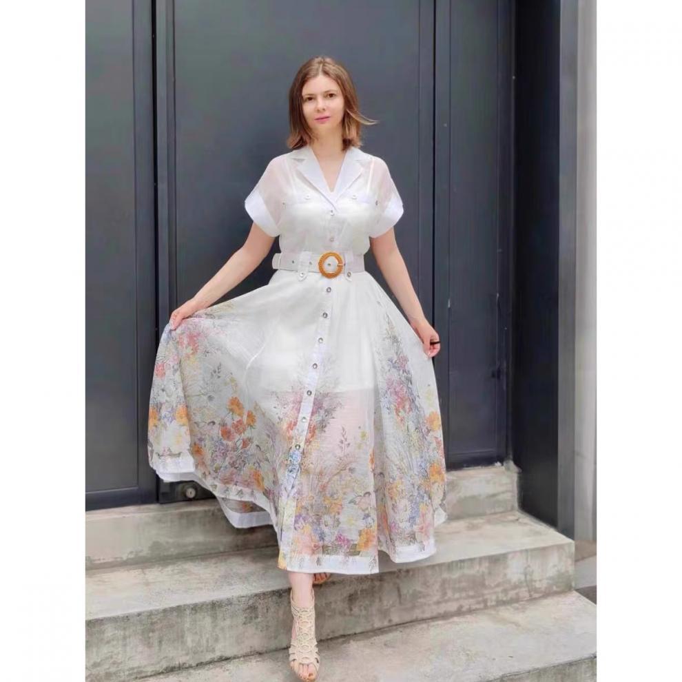 Women retro printed with belt Strap Dress