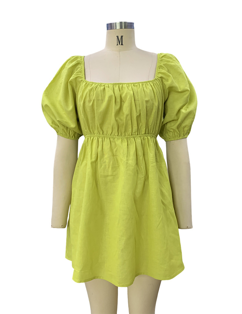 Spring Women's Fashion Square Neck Puff Sleeve Linen Dress