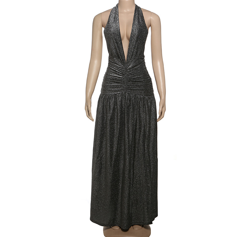 Women Spring Sexy Deep V-neck Halter Neck Backless Pleated Slit Dress