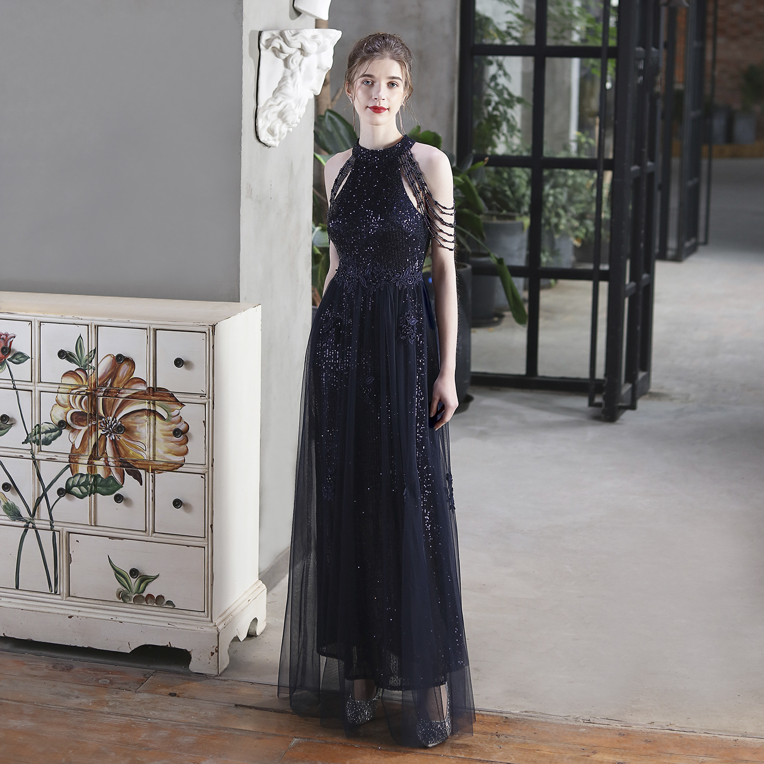 Luxury Sequin Mesh Brides Dress Elegant Formal Party Evening Gown