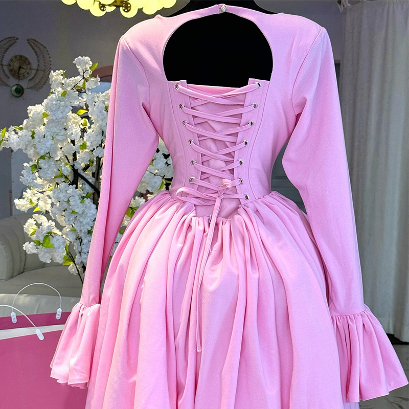 Women's Spring Chic Elegant Round Neck Long Sleeve Lace-Up High-Waist A-Line Dress