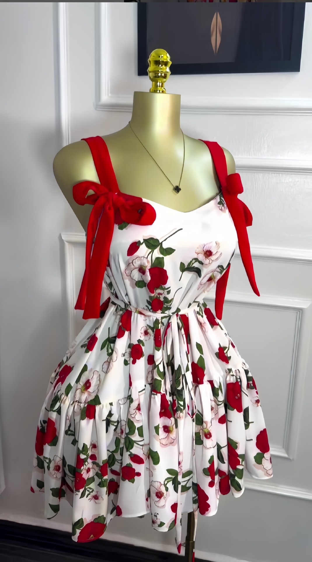 Women's Spring Sleeveless Print Strap Bow Lace-Up Ruffled Short Dress