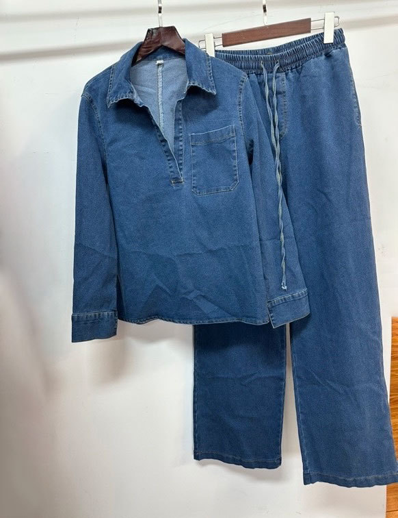 Women Denim Long Sleeve Turndown Collar Pocket Top and Lace-up Pants Two Piece Set