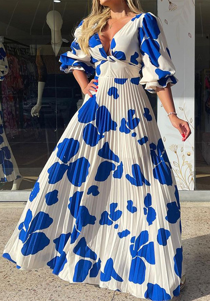Summer Women's Fashion V-Neck Half-Sleeve Print Maxi Dress