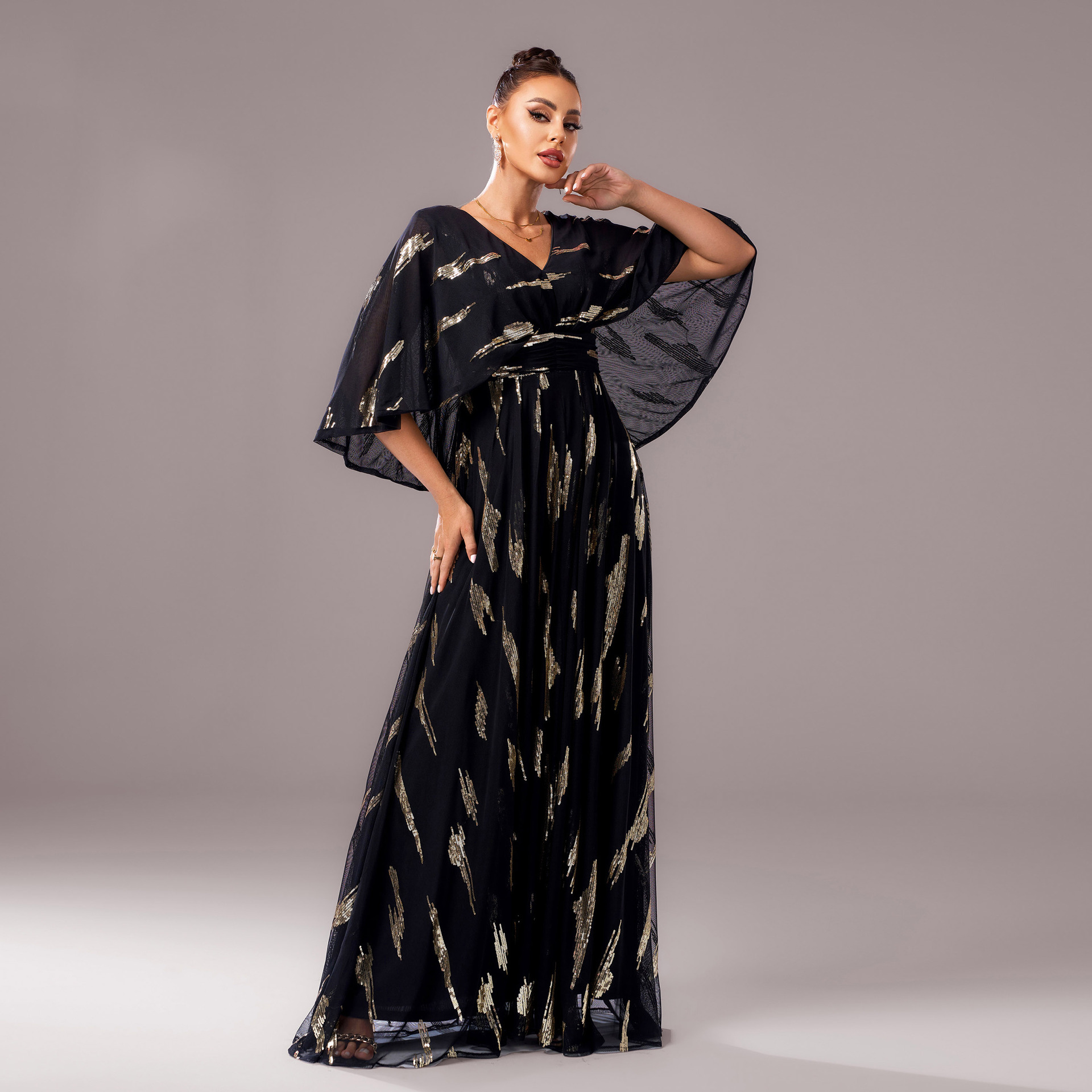 Women v-neck half-sleeve sequin formal party bodycon evening dress