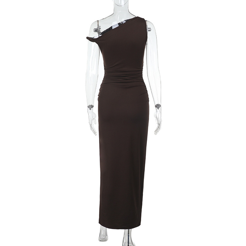 Women Sexy Slash Shoulder Slit Sleeve Solid Dress