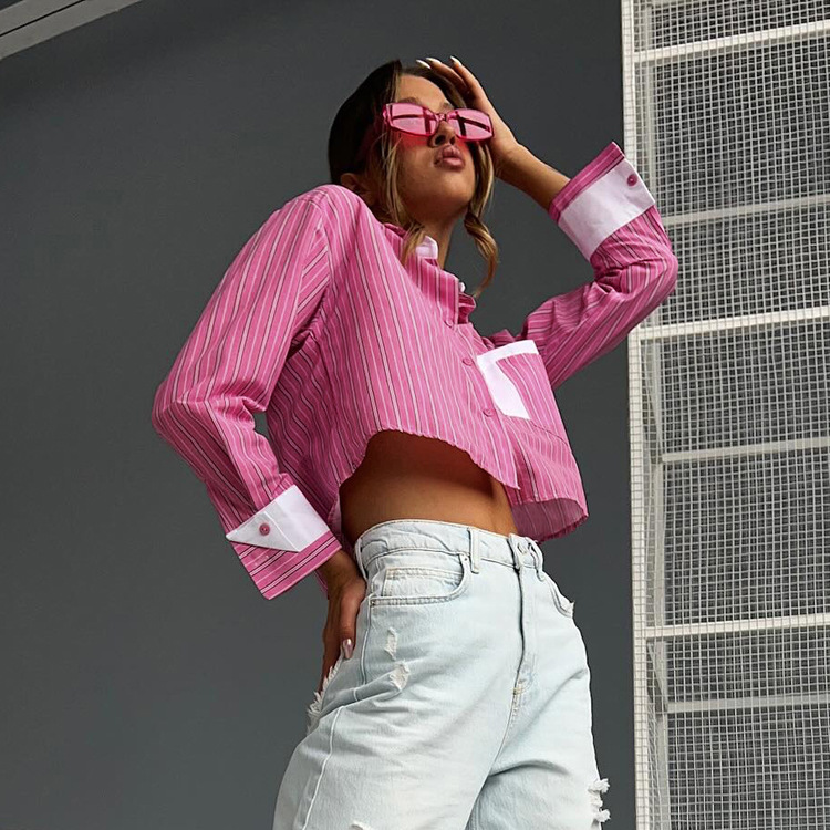 Women French striped turndown collar long sleeve crop top shirt