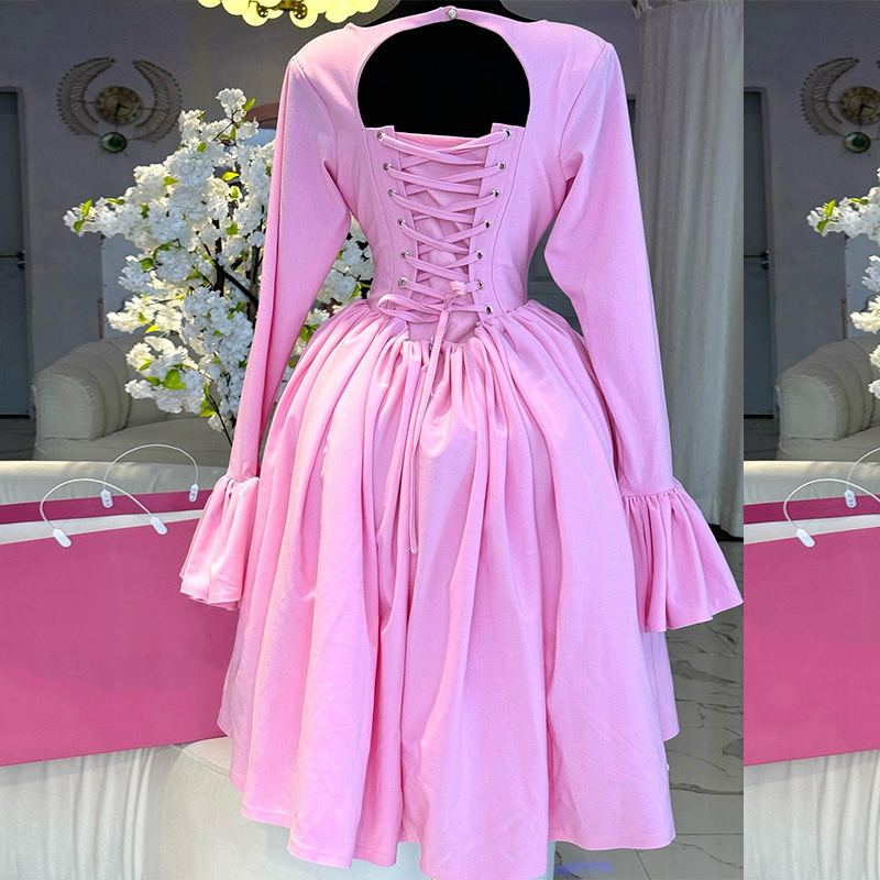 Women's Spring Chic Elegant Round Neck Long Sleeve Lace-Up High-Waist A-Line Dress