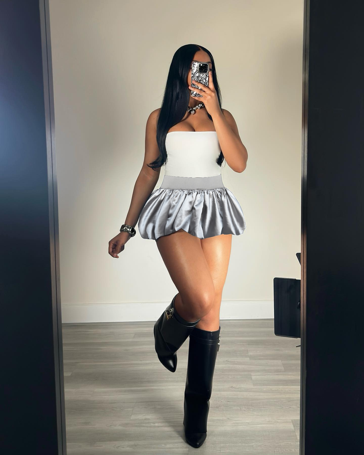 Women Glitter Mini Pleated Solid Bubble Skirt