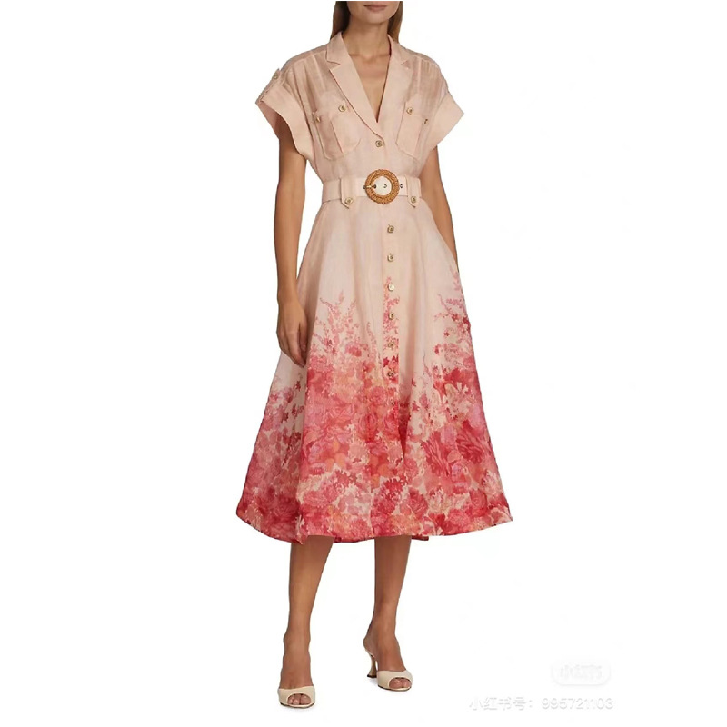 Women retro printed with belt Strap Dress