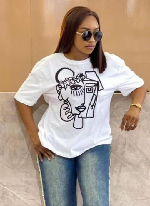 Women American straight shoulder short-sleeved T-shirt summer half-sleeved top