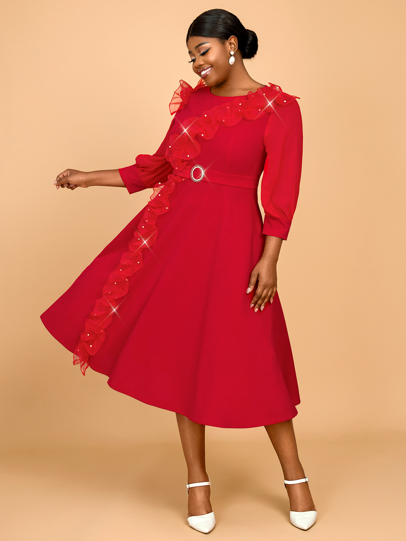 Women African Party Lantern Sleeve Ruffle Edge Beaded Dress