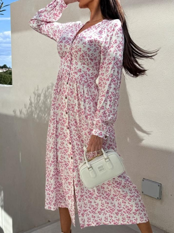 Beach Holidays V-Neck Slim Waist Floral Print Spring Long Sleeve Dress