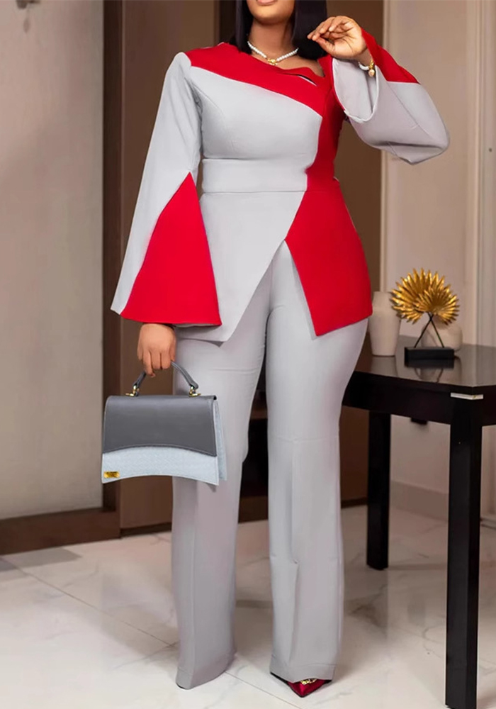 Women Elegant Career Stetchy Long Sleeve Patchwork Contrast Color Top and PantTwo Piece Set