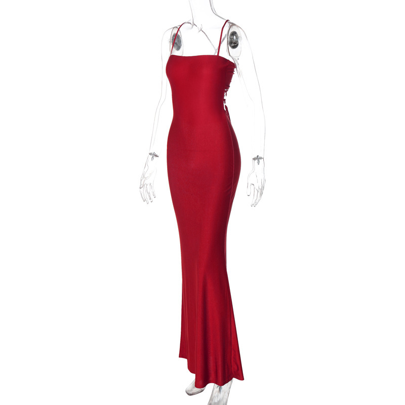 Women's Spring Solid Color Strap Low-Back Lace-Up Slim Long Dress