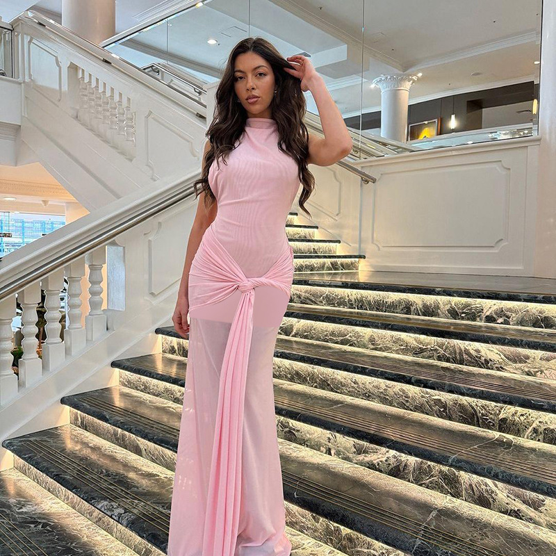 Women Summer Sexy Ribbon Half High Neck Sleeveless Dress