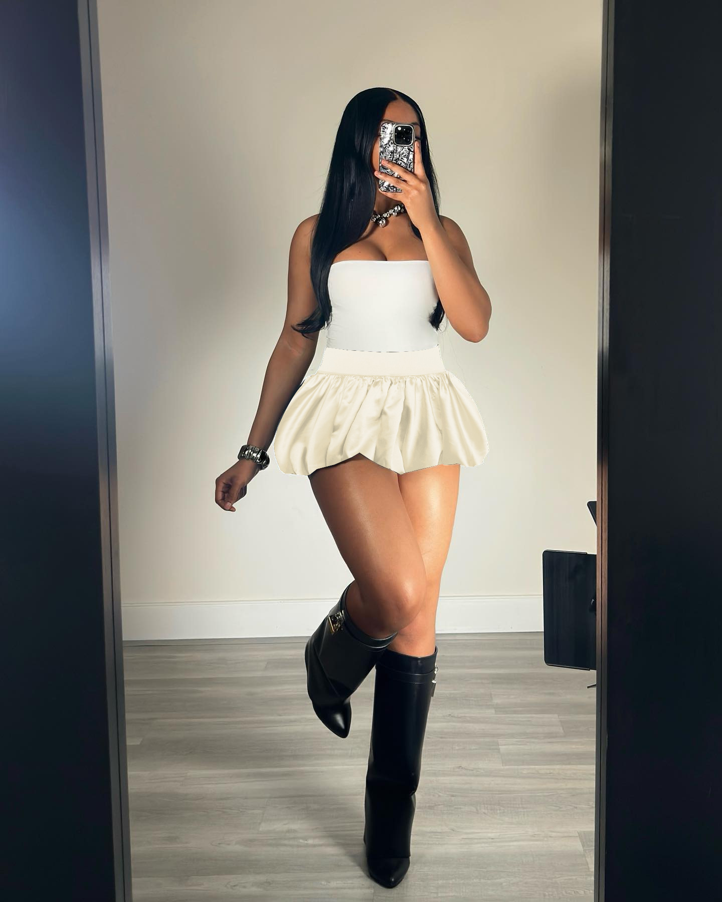 Women Glitter Mini Pleated Solid Bubble Skirt