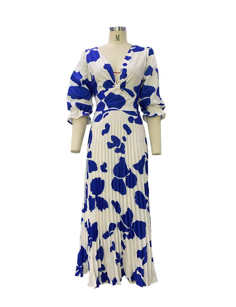 Summer Women's Fashion V-Neck Half-Sleeve Print Maxi Dress