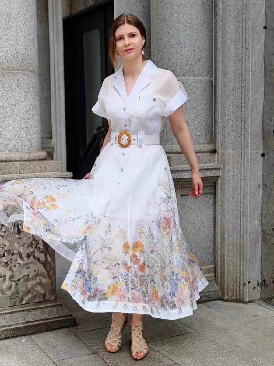 Women retro printed with belt Strap Dress