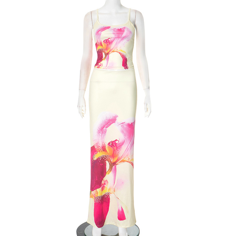 Women Summer Flower Print Suspender Top and Skirt Two Piece Set