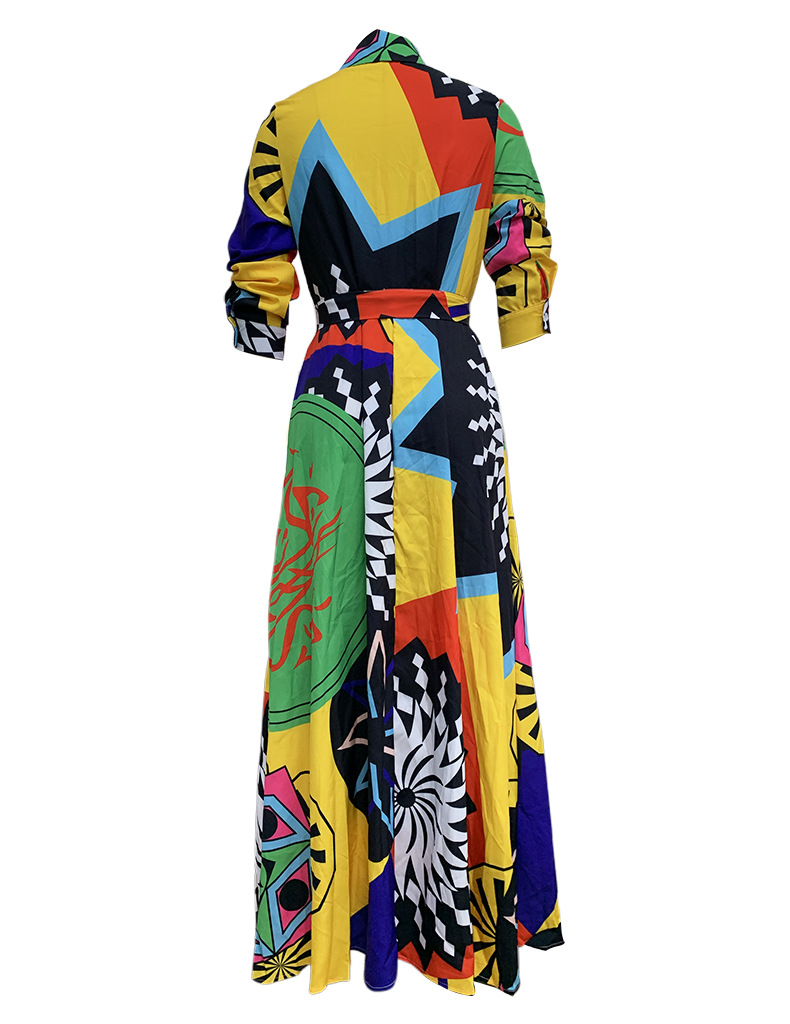 Spring Autumn Fashion Chic Print Turndown Collar Maxi Dress For Women