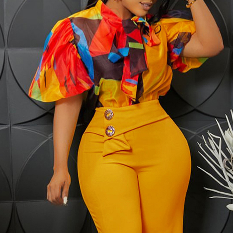 Women Printed Lace-Up Bubble Short Sleeve Shirt Top