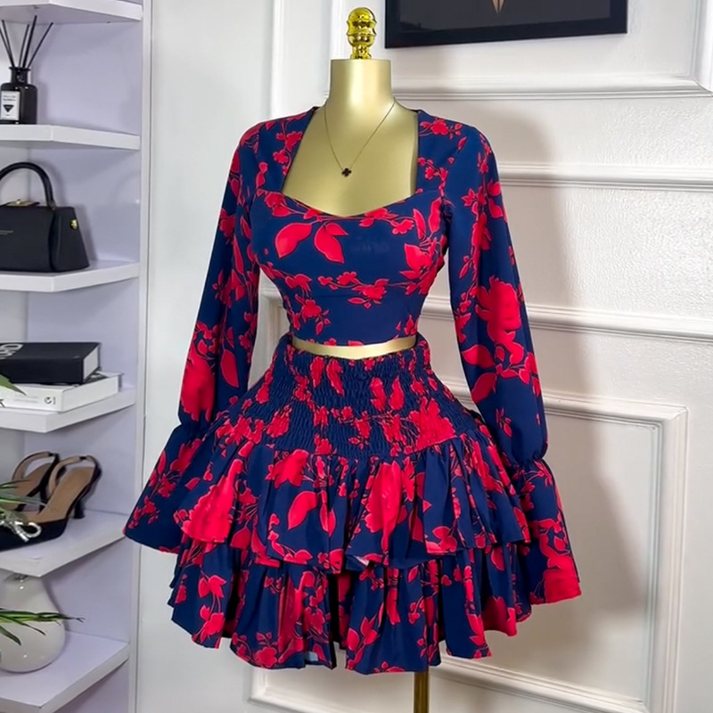 Women's Sweet Floral Print Square Neck Long Sleeve Blouse High-Waist Ruffle Skirt Two-Piece Set