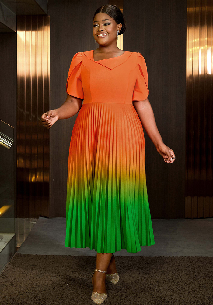 Women Gradient Contrast Formal Party Comfortable Pleated Dress