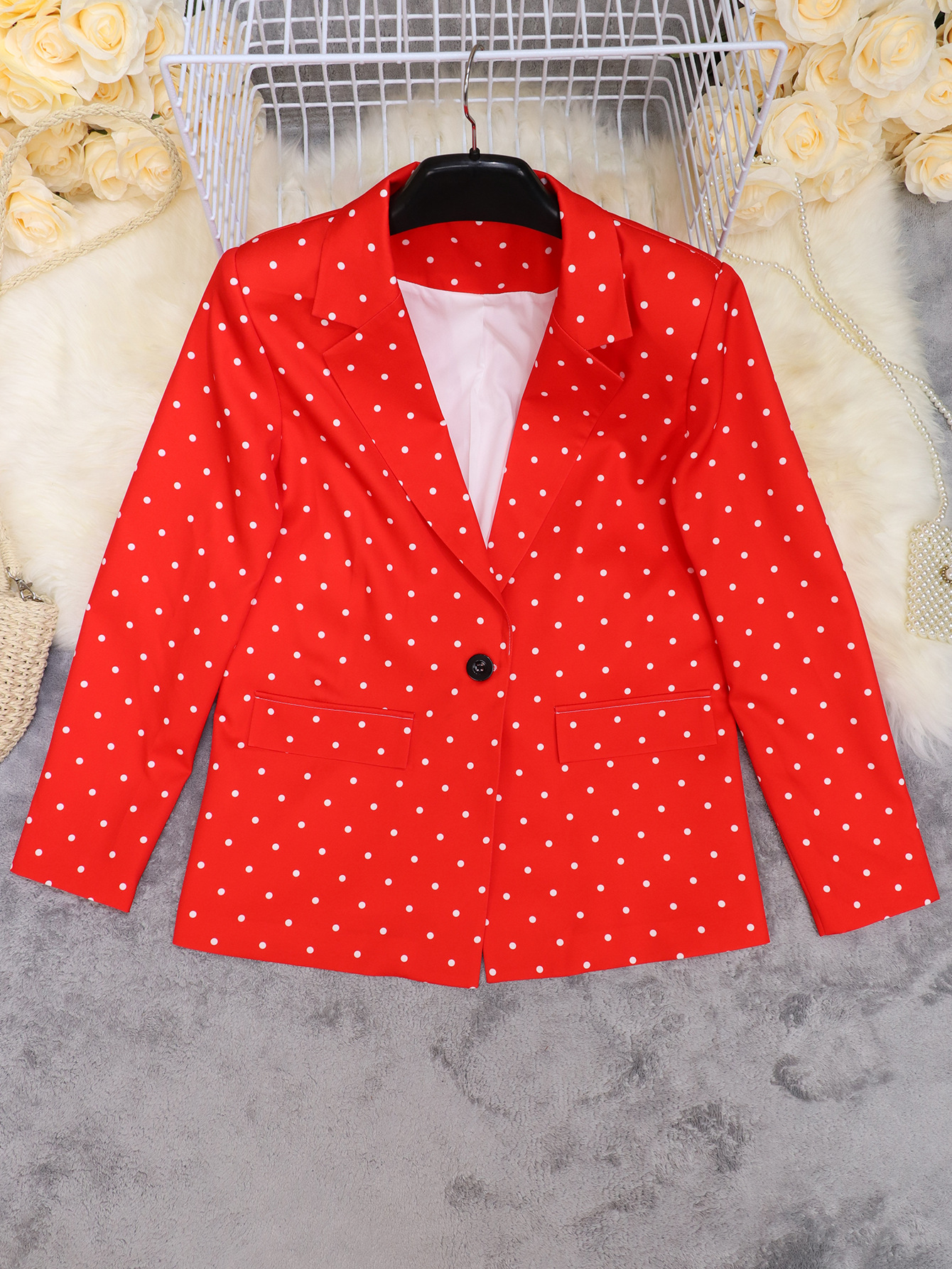 Spring Women's Fashion Chic Polka Dot Turndown Collar Long Sleeve Blazer