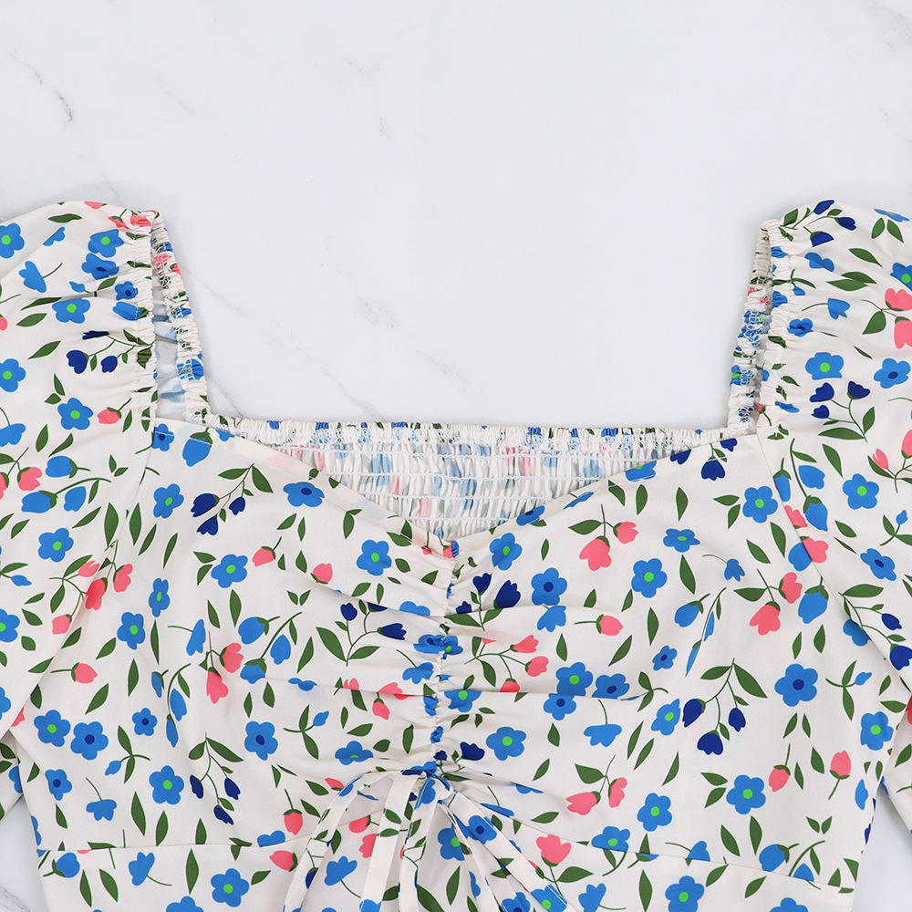 Women Floral V Neck Pleated Summer Dress