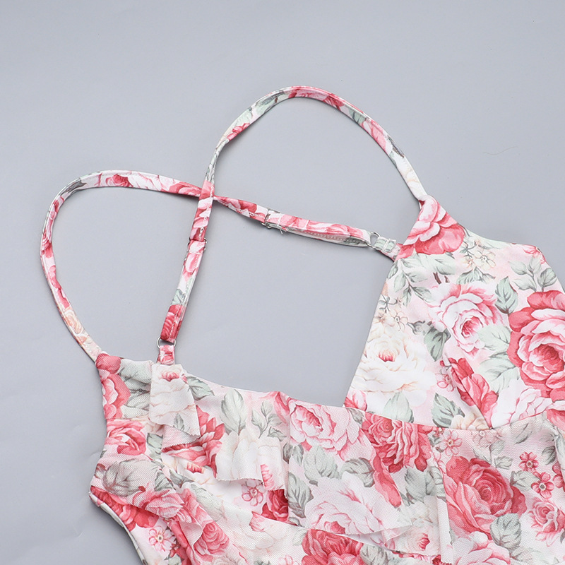 Women Spring Sexy Ruffle Floral Print Slit Dress