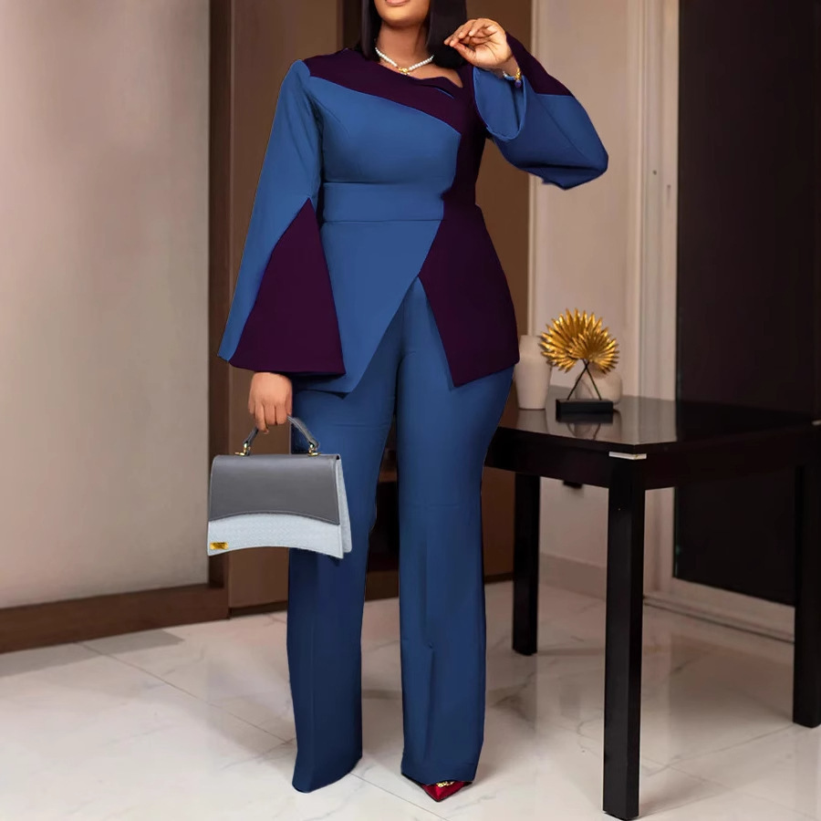 Women Elegant Career Stetchy Long Sleeve Patchwork Contrast Color Top and PantTwo Piece Set