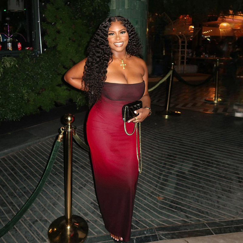 Women Strapless Gradient Mesh Backless Dress