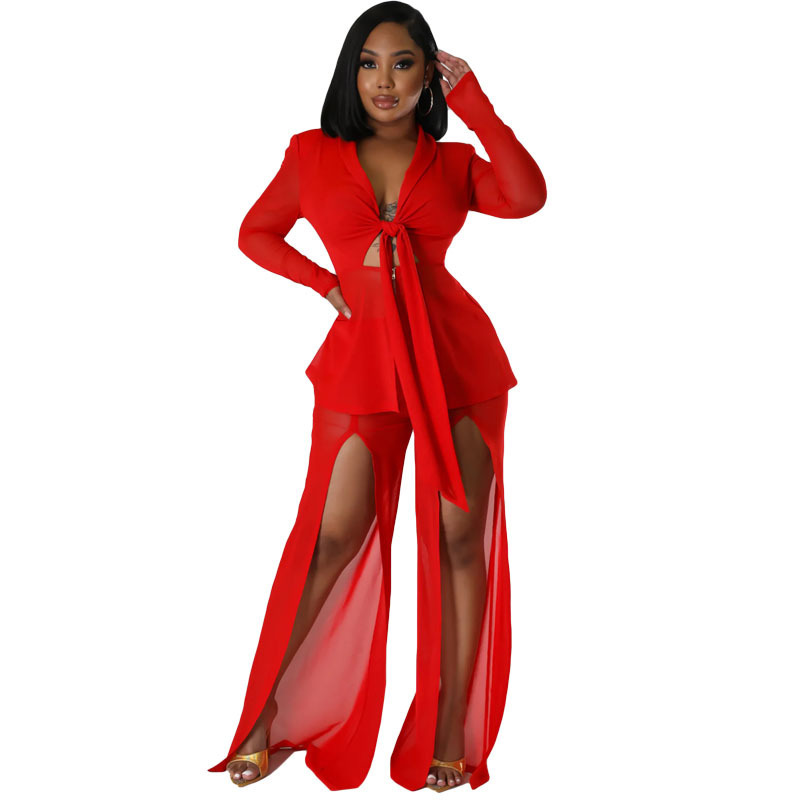 Sexy Solid Color Long Sleeve Slim Waist Tie-Detail Blazer Slit Pants Two-Piece Set