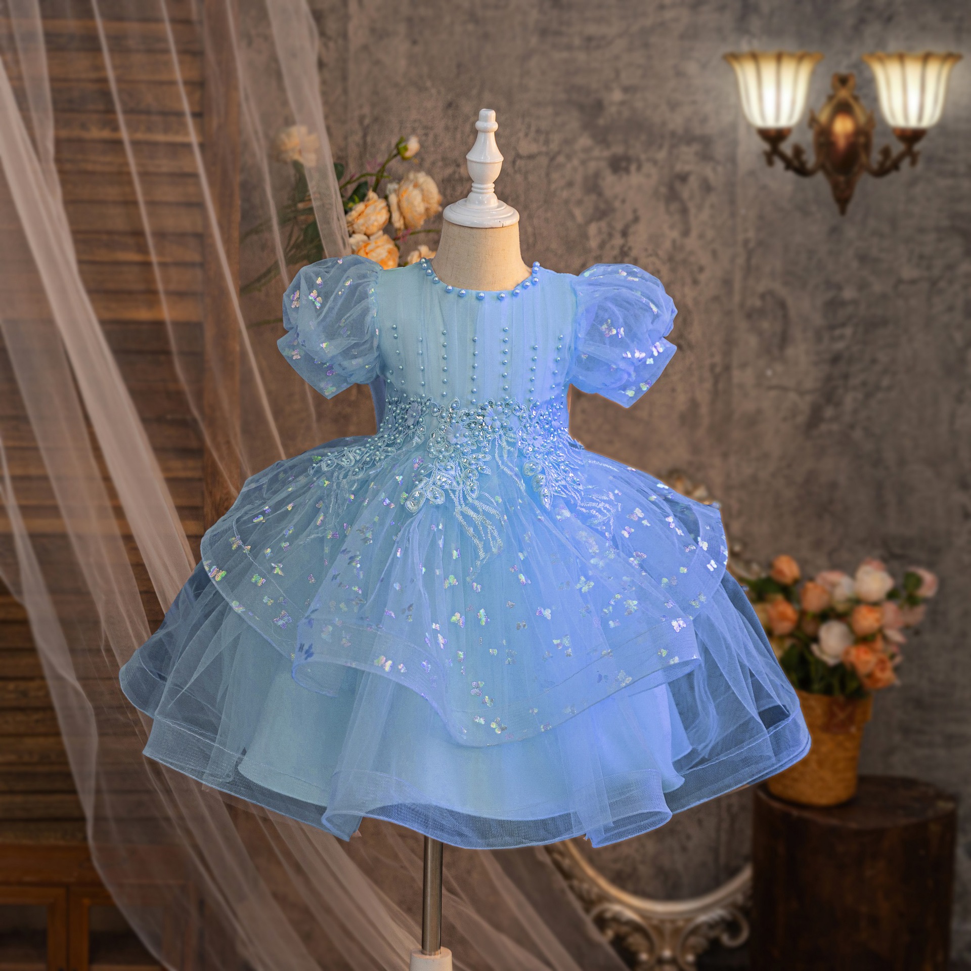 Flower Girl's Pink Ruffled Wedding Dress Puff Sleeves Princess Dress