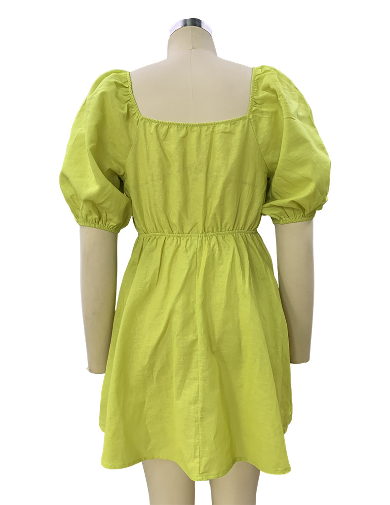 Spring Women's Fashion Square Neck Puff Sleeve Linen Dress