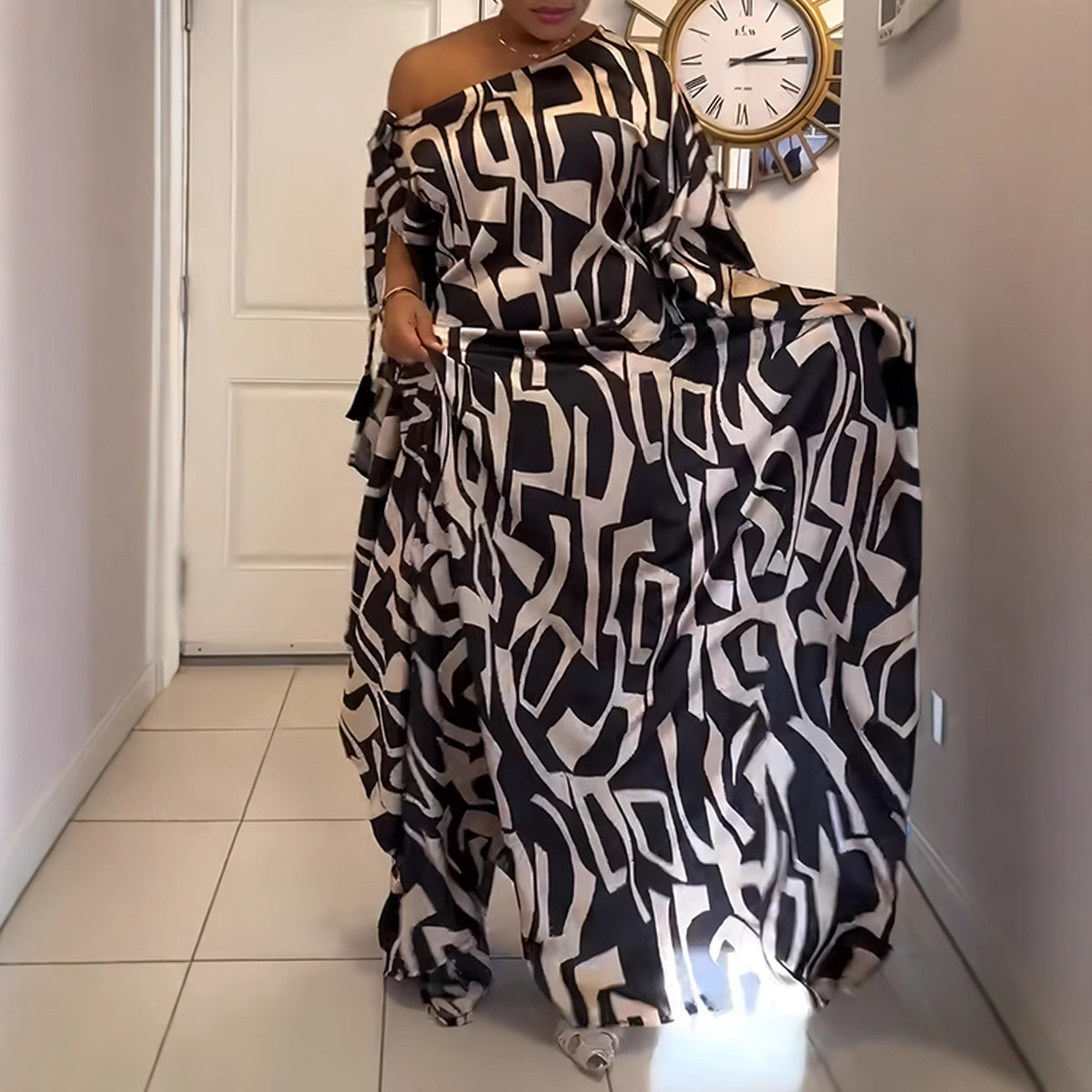 Women Print Lace-Up Slash Shoulder Dress