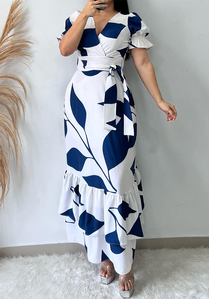 Women Princess Sleeve Print Summer Elegant V Neck Irregular Dress