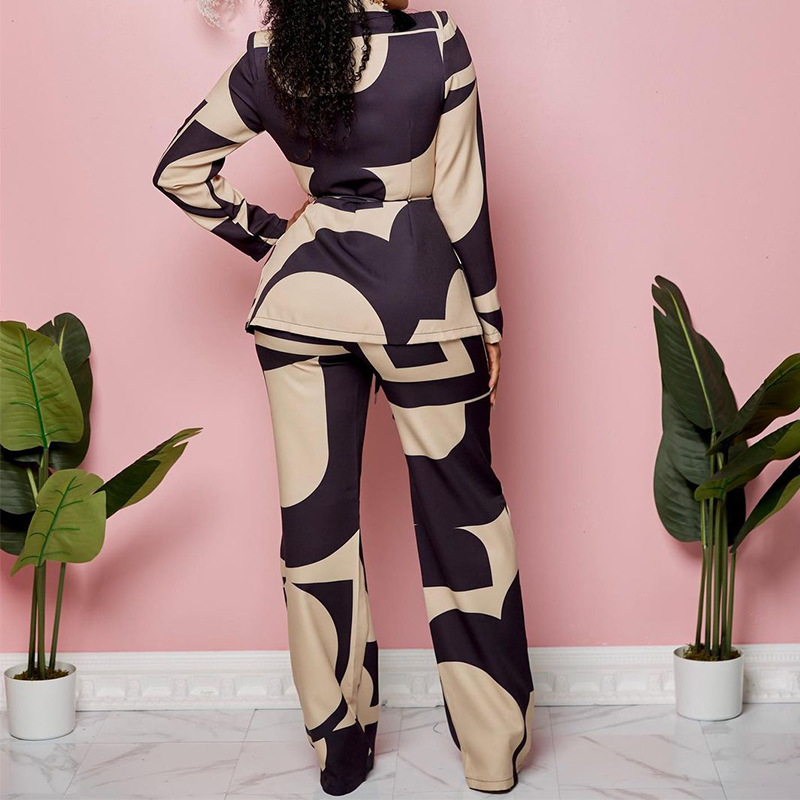 Spring Autumn Women's Fashion Print Turndown Collar Blazer With Tight Pants Set
