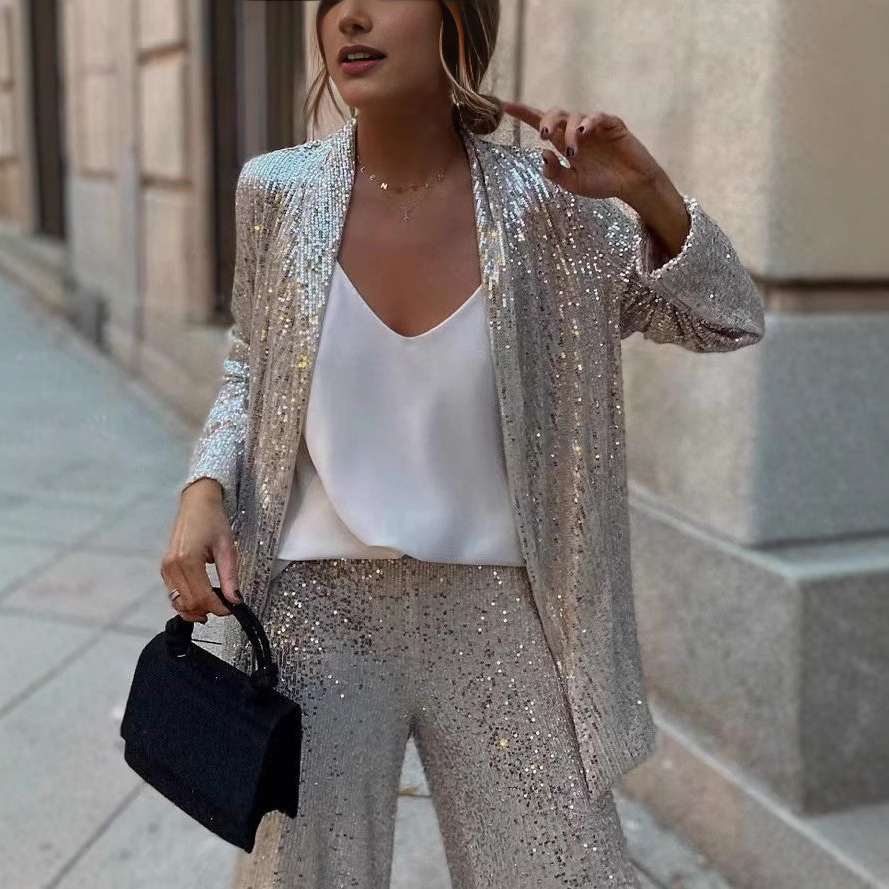 Women's Sequin Long Sleeve Two Piece Pants Set Chic Outerwear