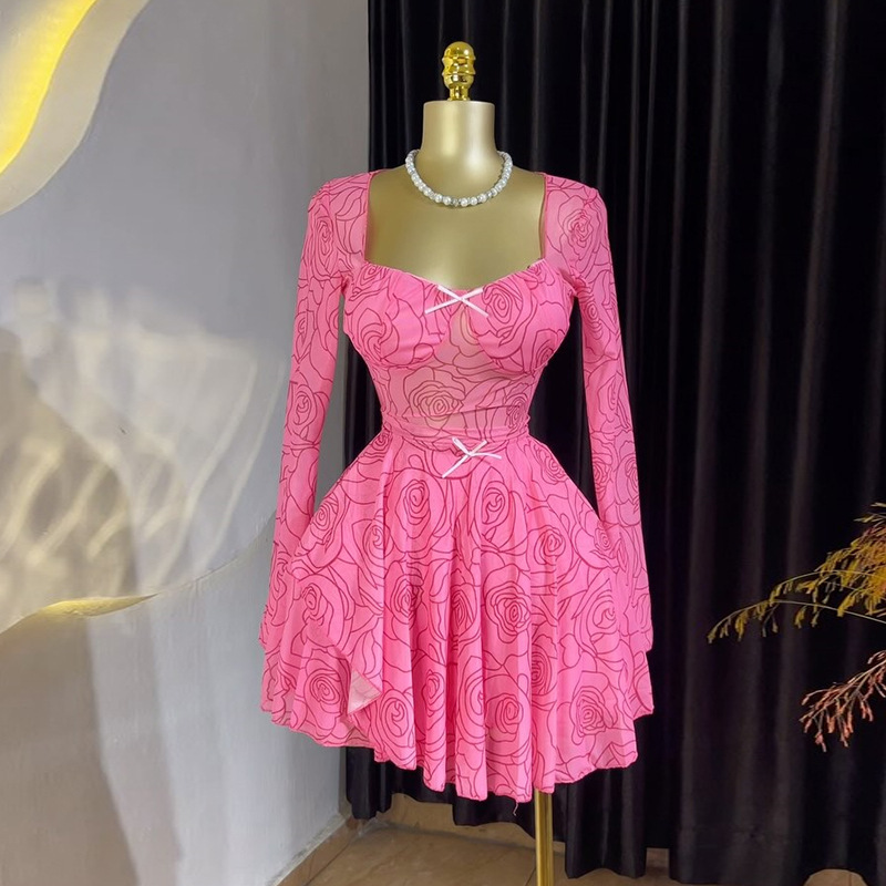 Women's Summer Chic Sweet Square Neck Bow Long Sleeve Asymmetrical Dress