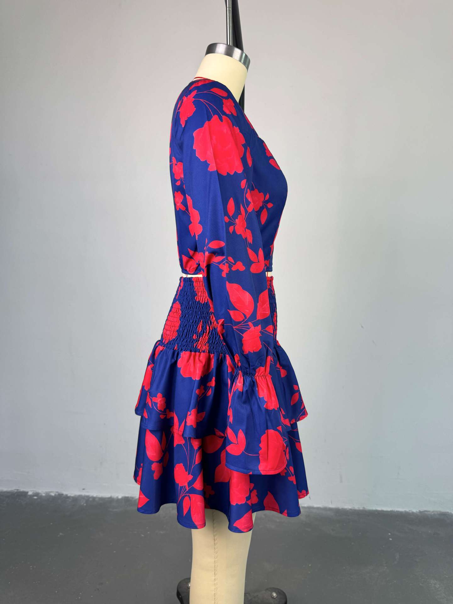 Women's Sweet Floral Print Square Neck Long Sleeve Blouse High-Waist Ruffle Skirt Two-Piece Set