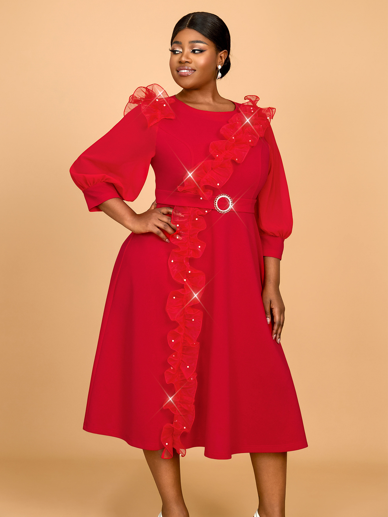 Women African Party Lantern Sleeve Ruffle Edge Beaded Dress