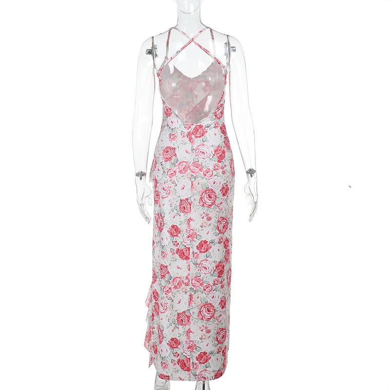 Women Spring Sexy Ruffle Floral Print Slit Dress