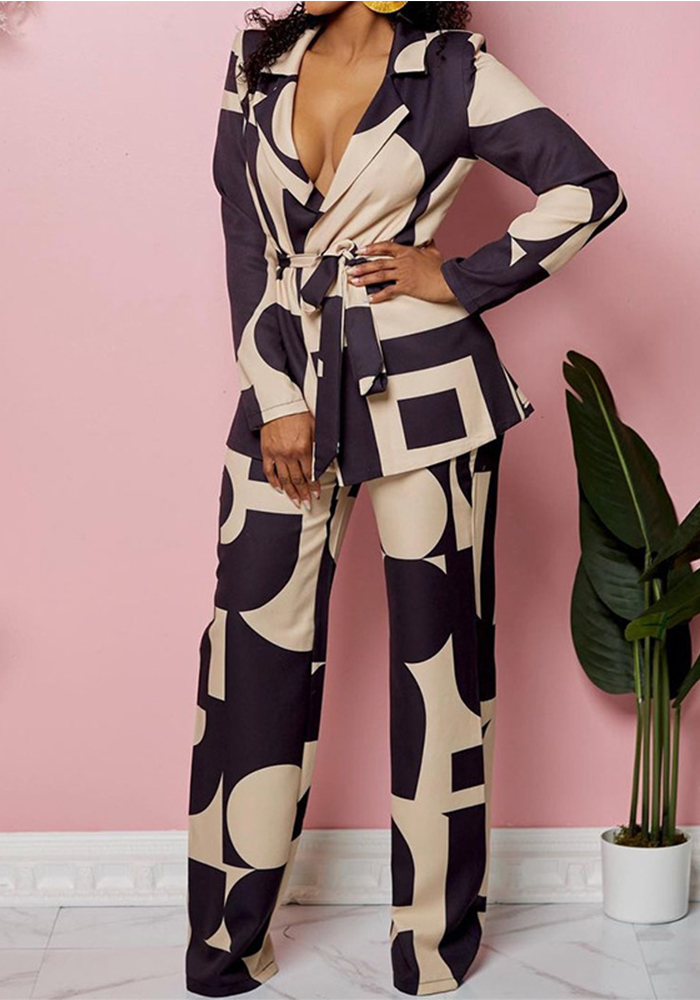Spring Autumn Women's Fashion Print Turndown Collar Blazer With Tight Pants Set