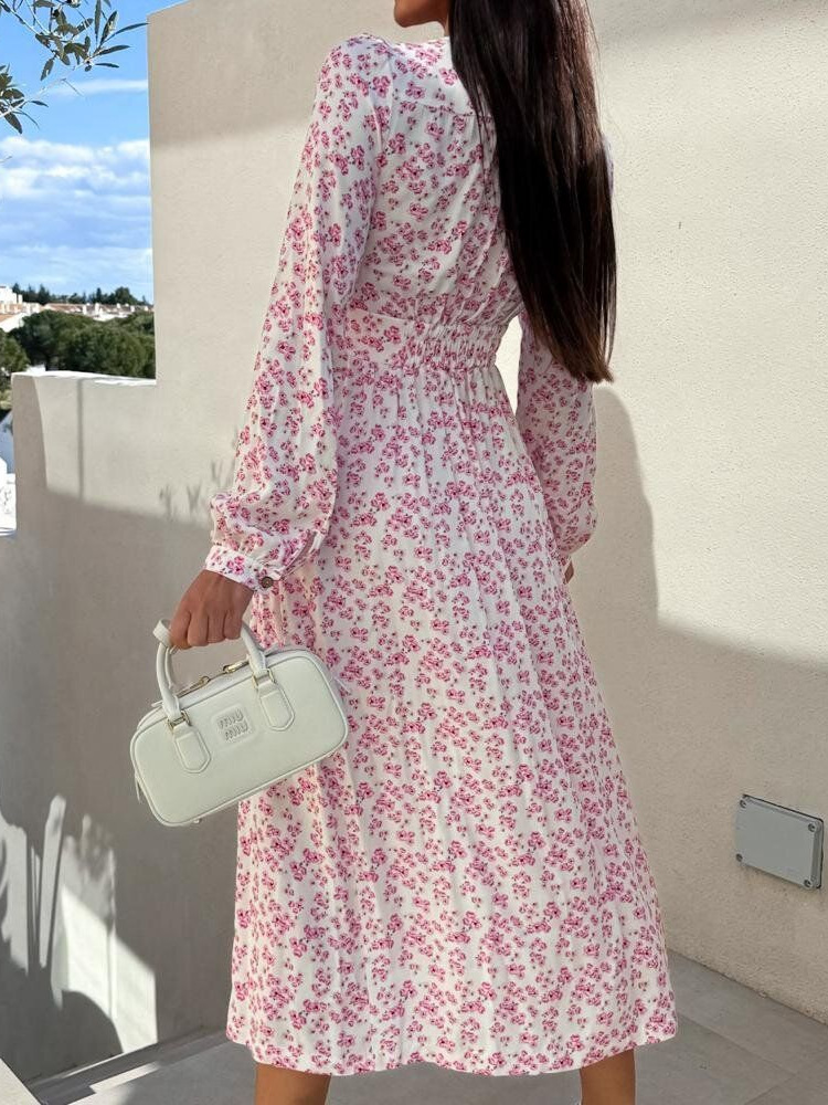 Beach Holidays V-Neck Slim Waist Floral Print Spring Long Sleeve Dress