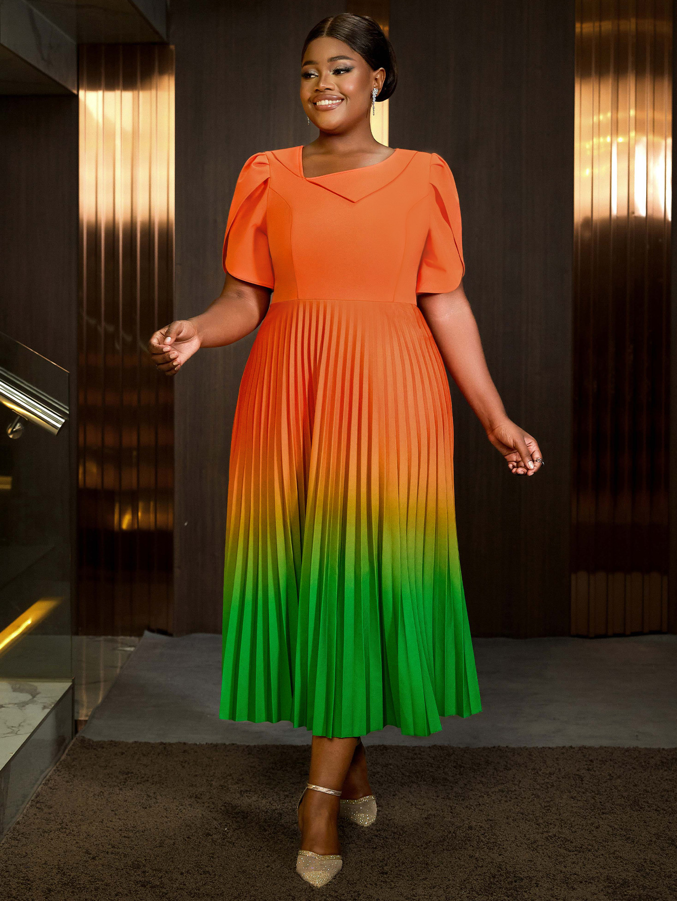 Women Gradient Contrast Formal Party Comfortable Pleated Dress