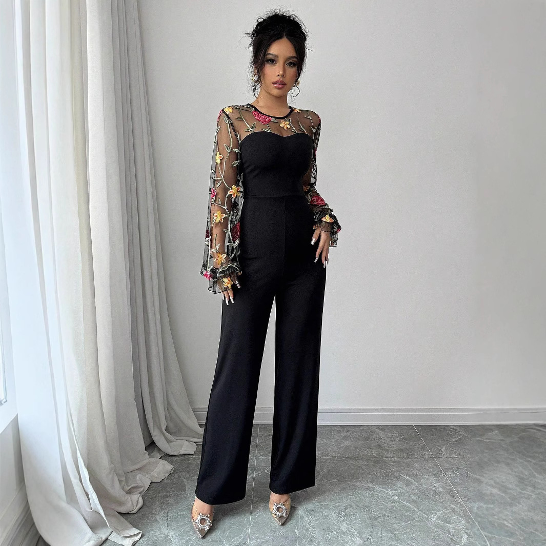 Women's Long Sleeve Embroidered Mesh Patchwork Slim Waist Jumpsuit