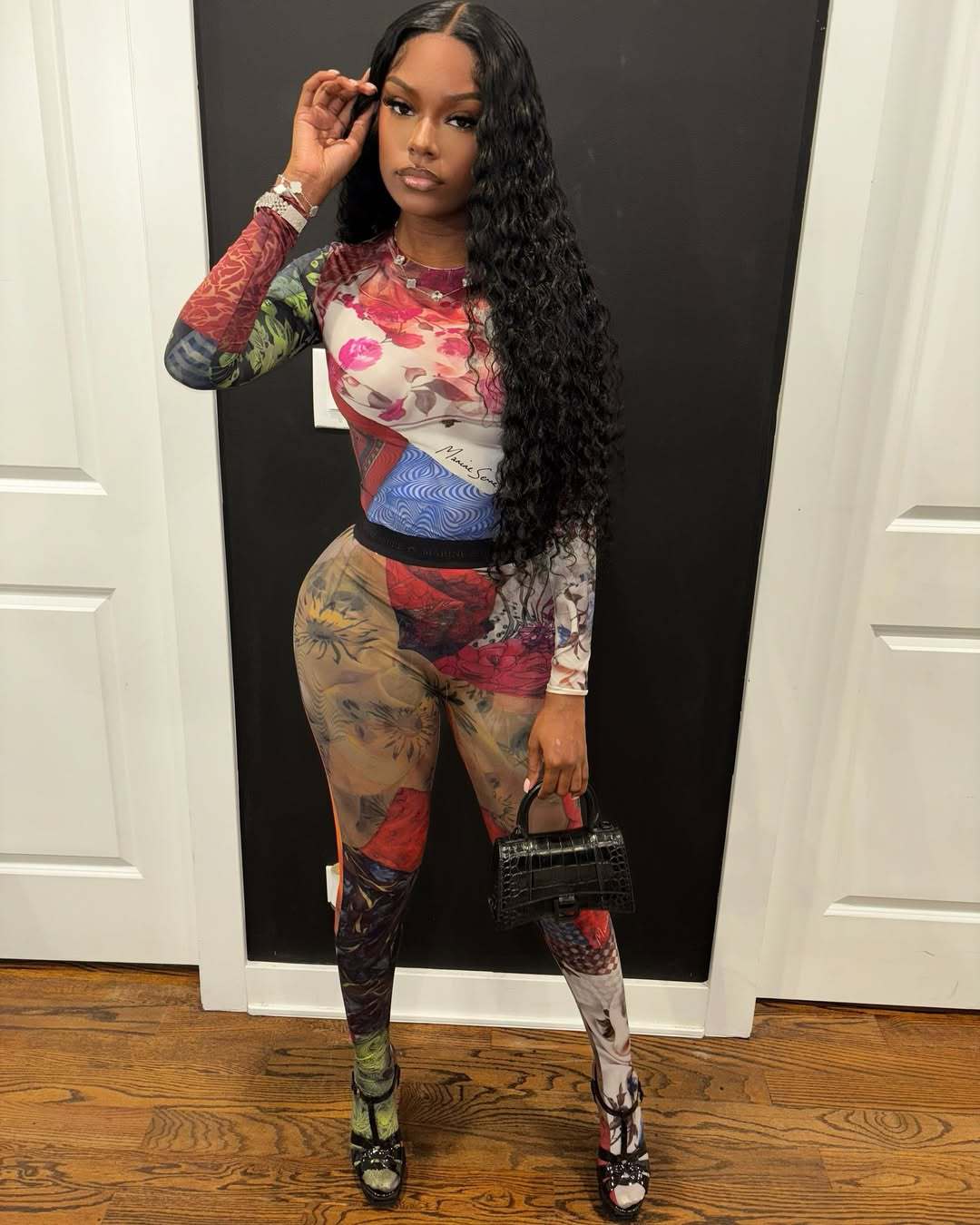 Women Contrast Printed Long Sleeve Round Neck Top and Pants Two Piece Set